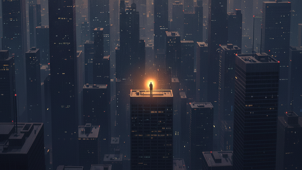 도시의 빌딩 숲 속에서 홀로 빛나는 작은 불빛 또는 고독한 실루엣이면서도 따뜻한 색감으로 희망을 표현한 그림