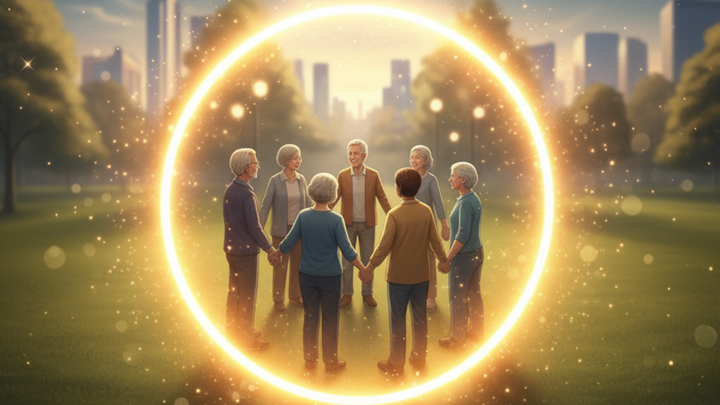 서로 손을 잡고 밝은 원 안에 여러 사람이 함께 있는 모습