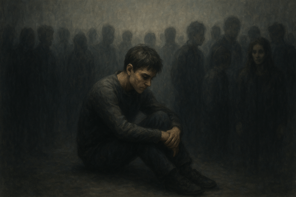 수많은 사람 속에서도 단절감을 느끼는 인물의 모습