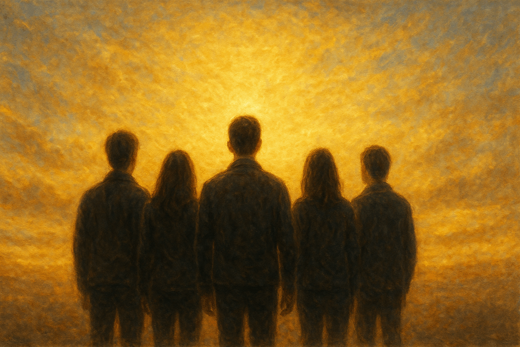 여러 사람이 함께 밝은 미래를 바라보는 모습