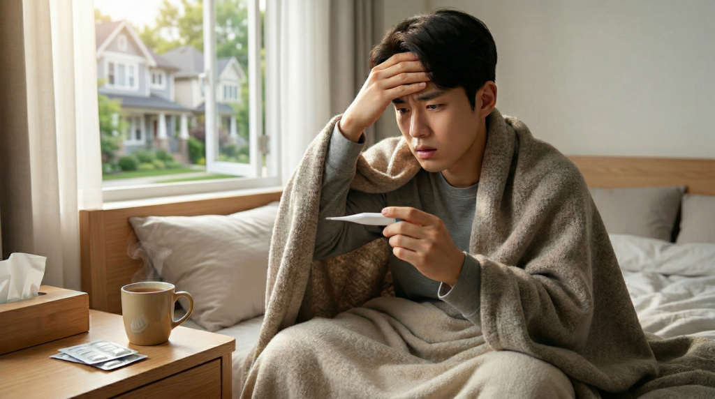 침실에 앉아 두꺼운 담요를 두른 젊은 남성이 걱정스러운 표정으로 손에 든 디지털 체온계를 확인하고 있다. 그의 뒤편 창문 너머로 병원 응급실 입구의 불빛이 흐릿하게 보이고, 협탁에는 따뜻한 차 머그컵과 약봉투가 놓여 있다.