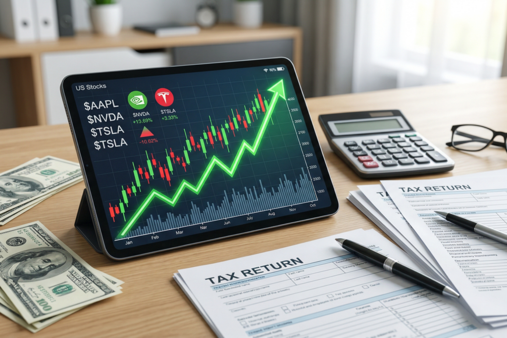 미국 달러 지폐와 주식 시장의 실시간 캔들 차트가 띄워진 태블릿 PC 옆에 정갈하게 놓여 있는 계산기와 세금 신고 관련 서류들의 모습