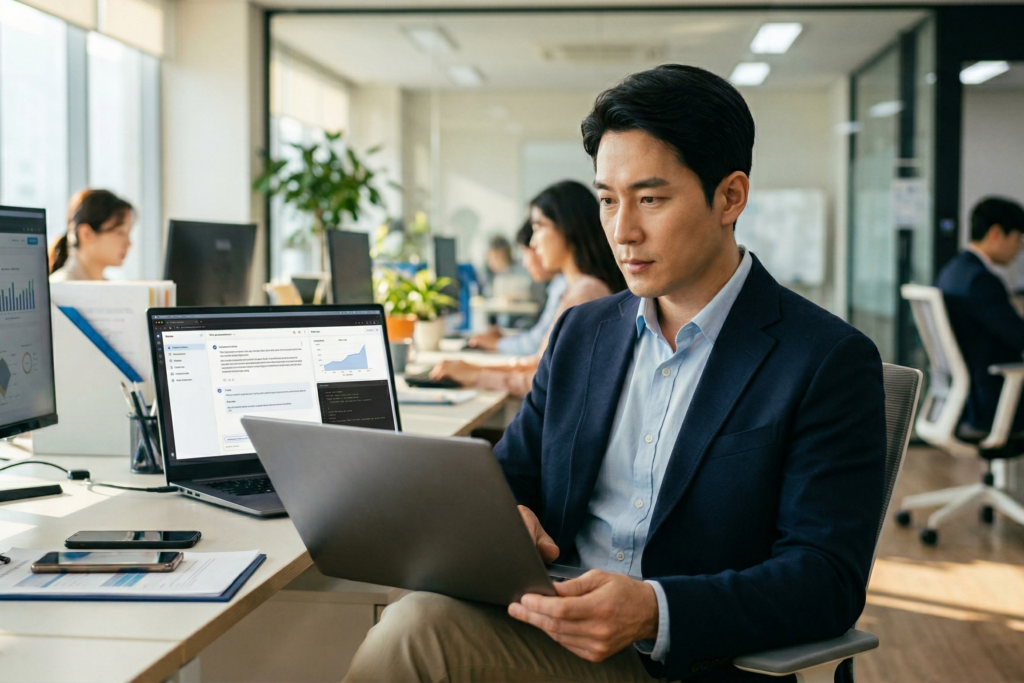 사무실 책상에서 직장인이 노트북을 사용하며 화면 속에 투영된 인공지능 신경망 그래프와 협업하는 미래지향적인 업무 환경의 실사 이미지