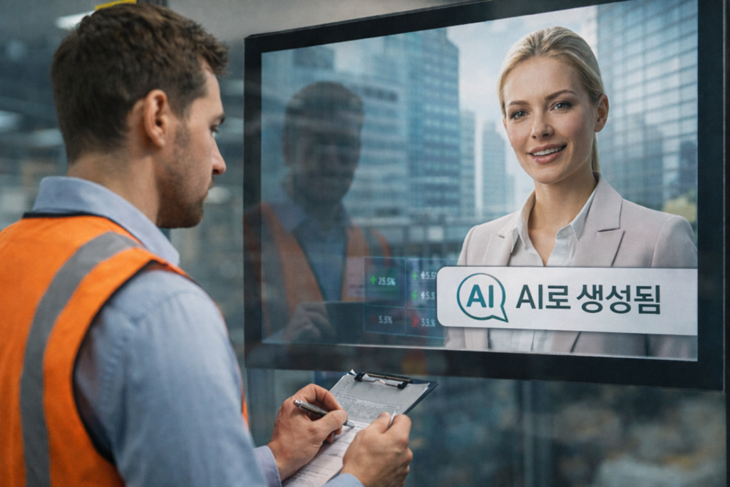 작업자가 모니터를 보고 회의를 하고 있는 이미지. 모니터 우측 하단에 AI로 생성됨이라고 써있다.