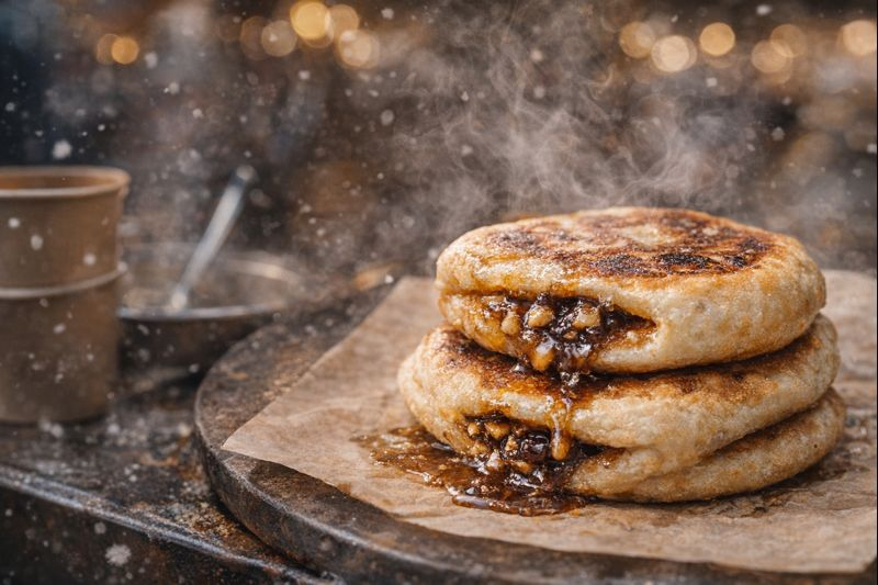 🥞 호떡은 왜 겨울에 더 맛있게 느껴질까? 계절이 만드는 미각의 차이 1 따뜻한 호떡에서 꿀이 흘러나오는 이미지.