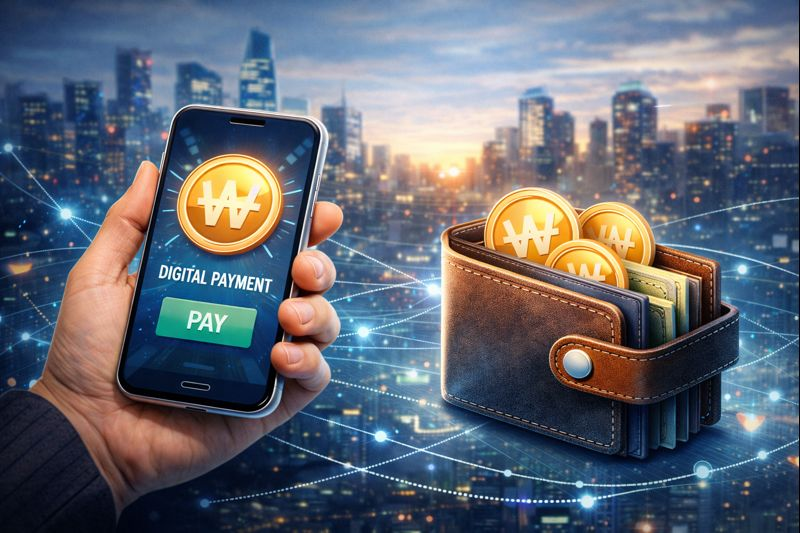 스마트폰 디지털 화폐 결제와 지갑 아이콘이 있는 미래 돈의 모습
