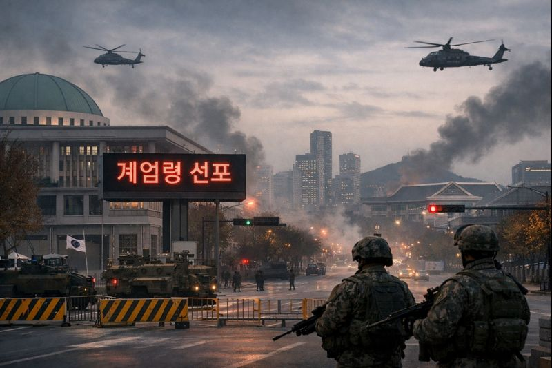 🛑 계엄이란 무엇인가? 1 국가 비상 상황을 상징하는 차분한 도시 전경과 공공 건물이 보이는 장면