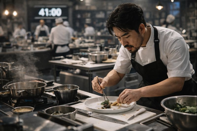 대형 조리대가 있는 요리 경연 주방에서 한 요리사가 집중한 표정으로 조리 도구를 다루는 장면
