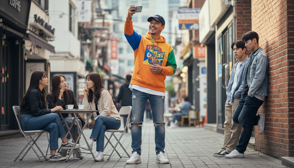 영포티는 왜 비판의 대상이 되었을까 1 밝은 옷을 입고 있는 아저씨가 젊은 사람들의 시선은 개의치 않고 셀피를 찍고 있다.