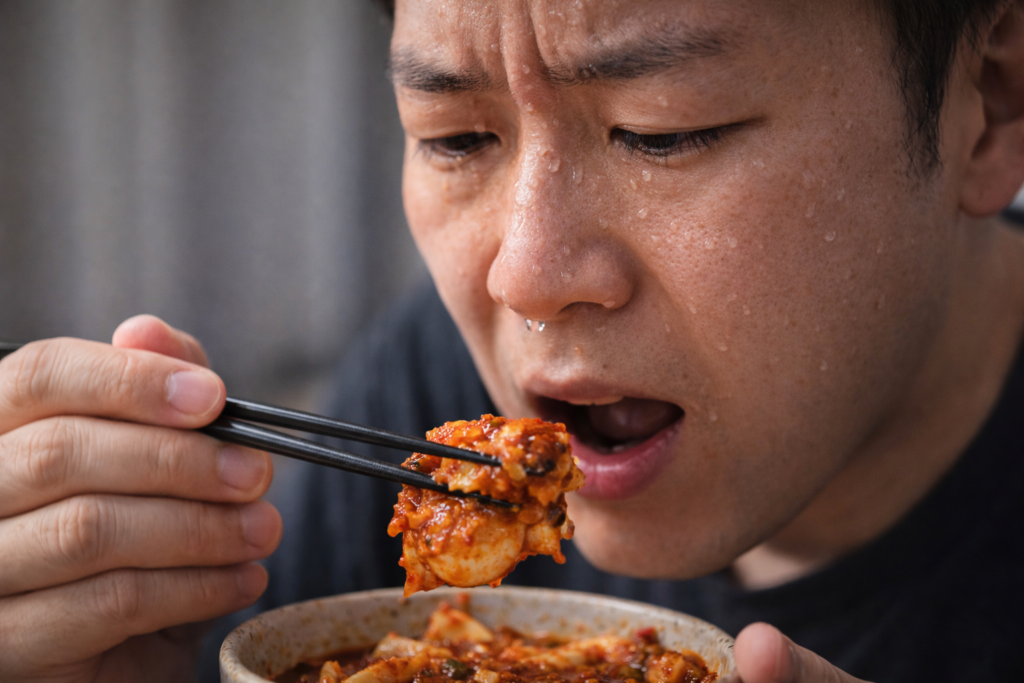 🌶 매운 음식 먹으면 땀이 나는 이유 1 매운 음식을 먹으며 얼굴에 땀이 맺힌 사람의 근접 장면