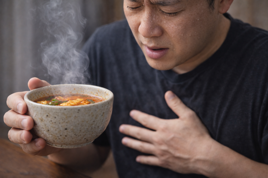 🌶 매운 음식을 먹으면 왜 속이 쓰릴까 1 매운 국물을 먹으며 배를 만지고 있는 사람의 상반신 장면