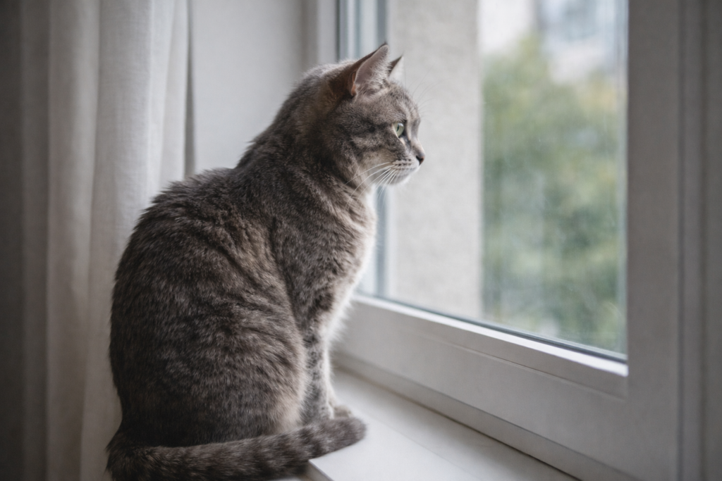 🐱 고양이는 왜 아직도 반은 야생일까 1 창가에 앉아 창밖을 바라보고 있는 회색 고양이의 모습