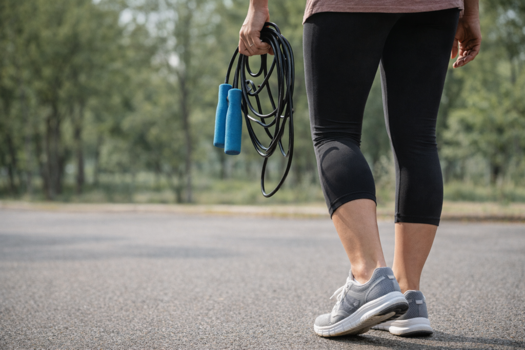 🏃 줄넘기는 다이어트에 정말 도움이 될까 1 운동화와 줄넘기를 들고 야외 운동을 준비하는 사람의 하반신 장면