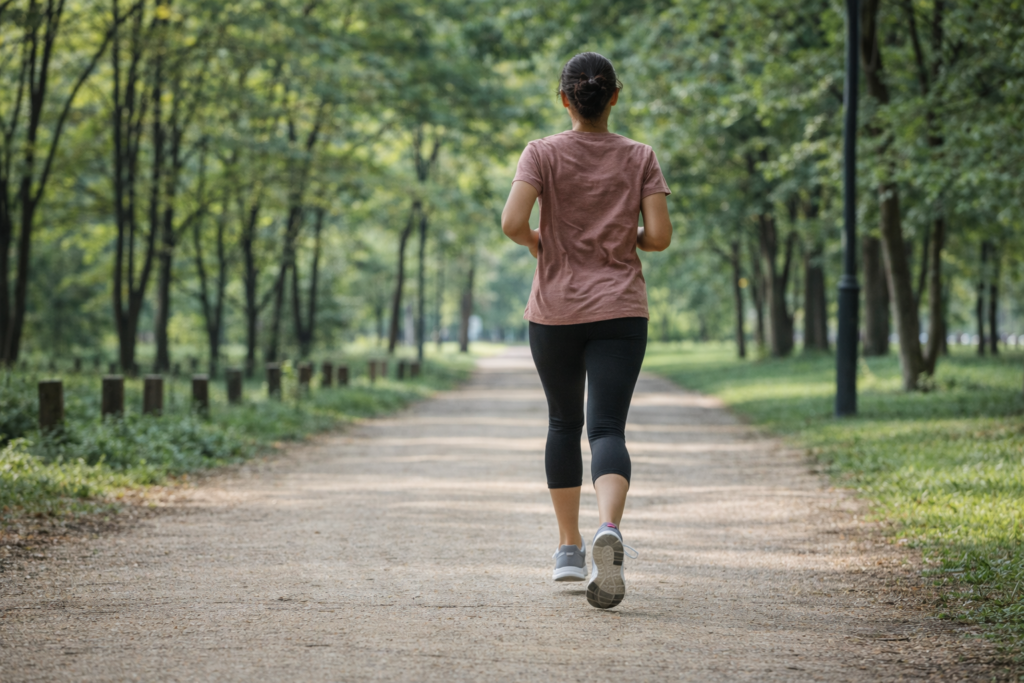 공원 산책로에서 혼자 달리고 있는 사람의 뒷모습