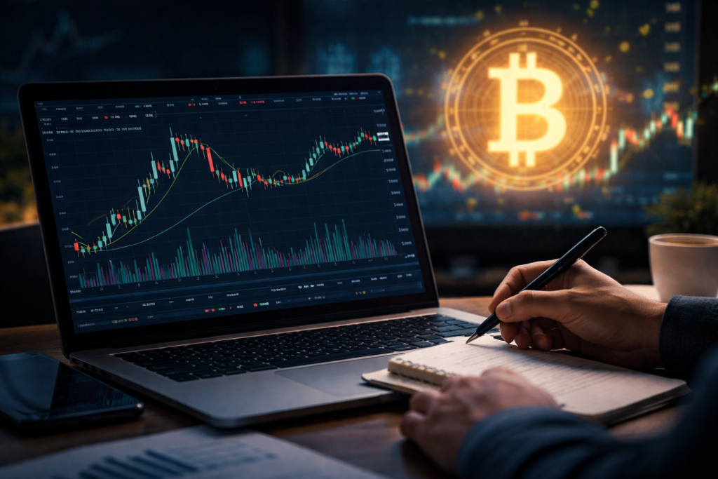 📊 지금 비트코인 매수는 적절한가? 향후 전망과 주요 리스크 점검 1 차트 화면을 바라보며 노트북으로 비트코인 가격을 분석하는 장면, 어두운 배경과 금융 그래프가 보이는 투자 리포트 분위기