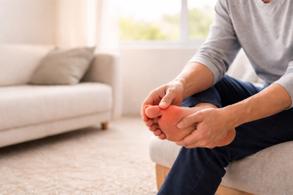 통풍 초기 증상, 최근 환자 사례에서 공통적으로 나타나는 특징 1 밝은 실내에서 소파에 앉아 엄지발가락을 가볍게 만지며 통증을 느끼는 모습