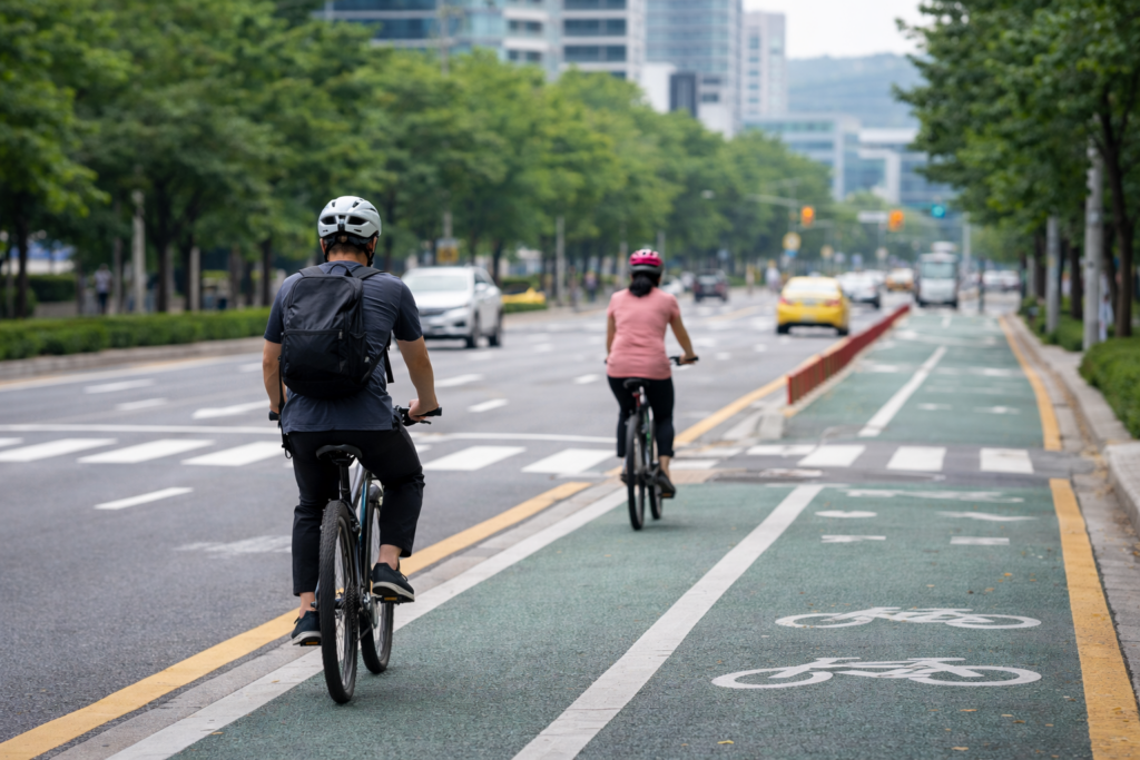 도심 자전거 도로에서 한산하게 자전거를 타는 사람들의 모습