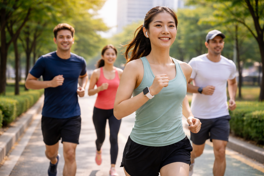 도심 공원에서 여러 사람이 함께 달리고 있는 러닝 장면