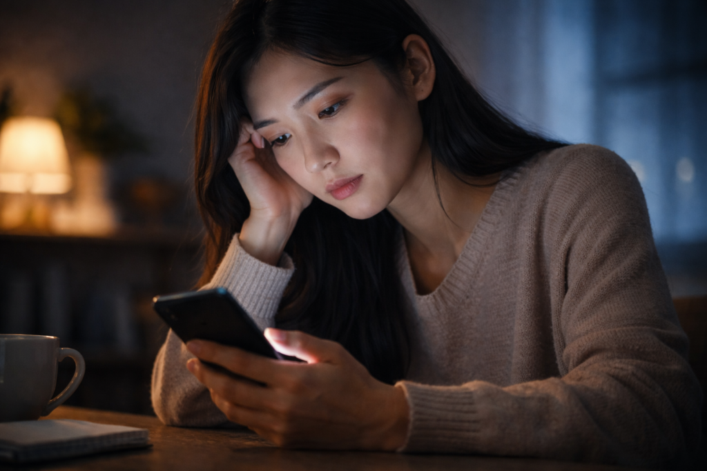 어두운 실내에서 스마트폰 화면을 바라보며 생각에 잠긴 동아시아 여성의 모습