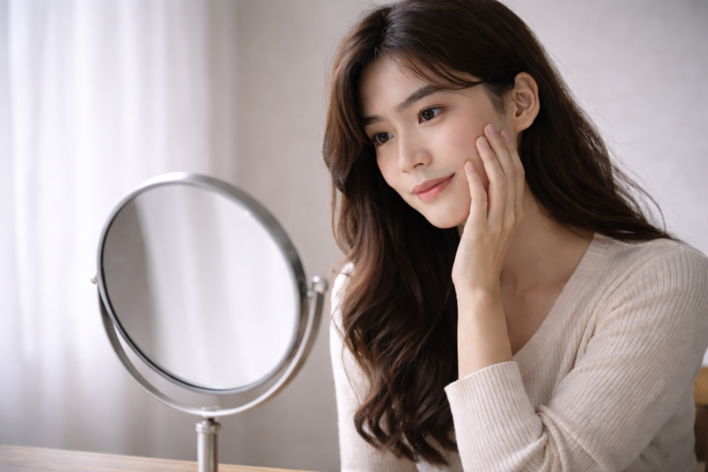 🪞 매일 보지만 잘 모르는 거울의 원리 1 창가 앞 거울을 바라보며 자신의 얼굴을 확인하는 동아시아 여성의 모습