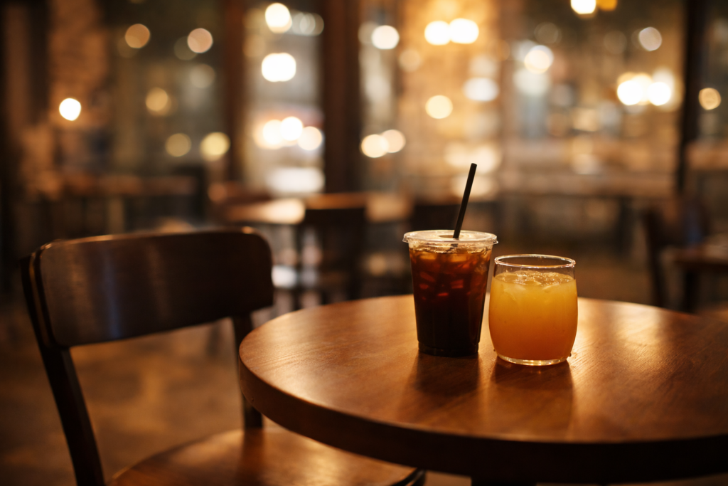저녁 시간대 조명이 켜진 카페 테이블 위에 놓인 음료 잔과 빈 의자