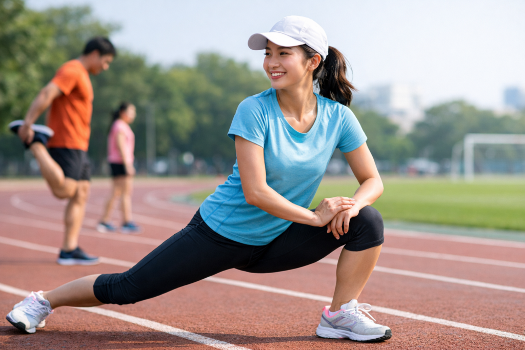 🏃 러닝 초보가 가장 많이 하는 훈련 실수 1 야외 트랙에서 러닝 초보가 달리기 전 준비 운동을 하고 있는 모습