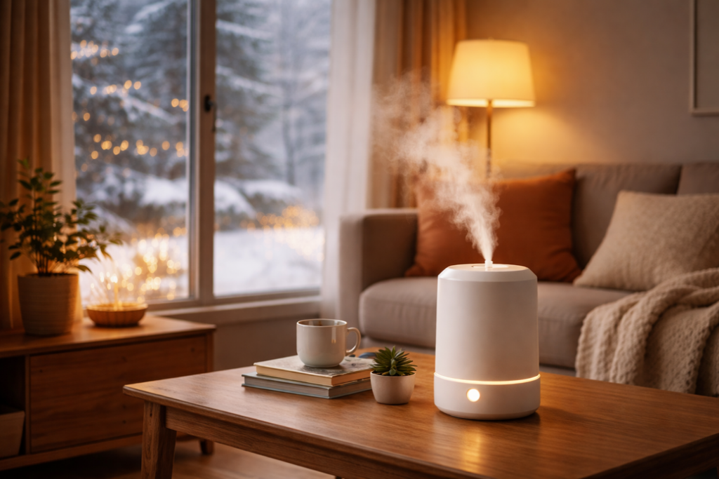 겨울 저녁 시간 실내에서 난방이 켜진 거실과 창가에 놓인 가습기