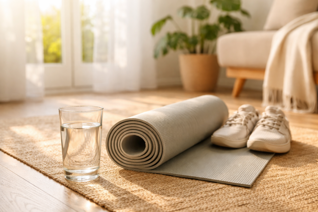 아침 햇살이 들어오는 실내에서 물 한 컵과 운동 매트가 놓여 있는 모습
