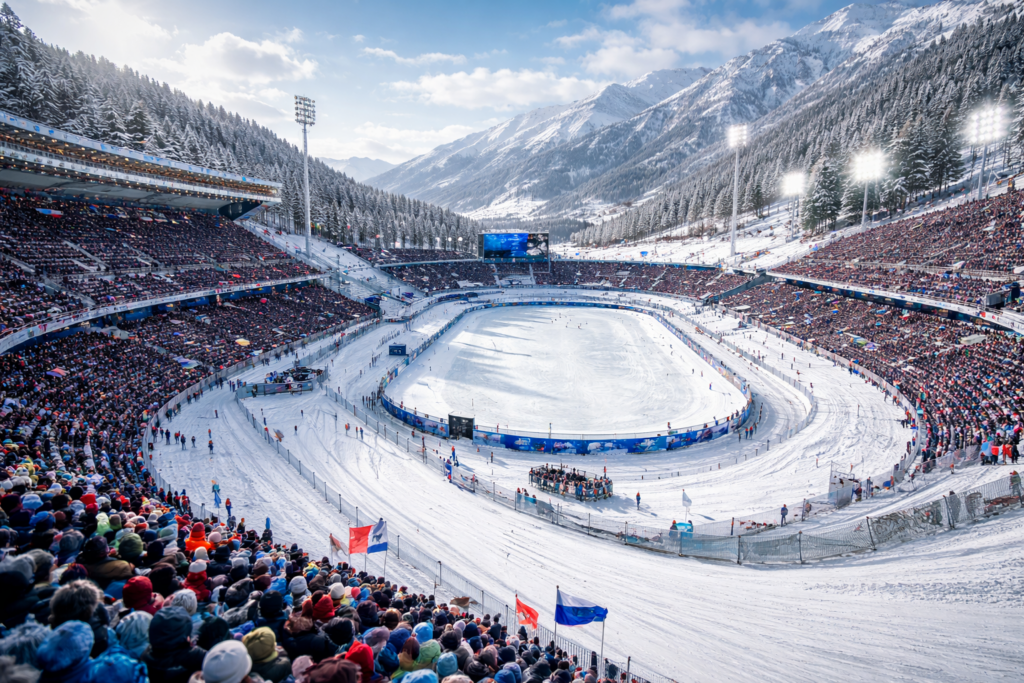 ❄️ 동계올림픽 개최는 정말 경제에 도움이 될까 1 눈 덮인 경기장과 관중석이 보이는 동계 스포츠 경기장 전경