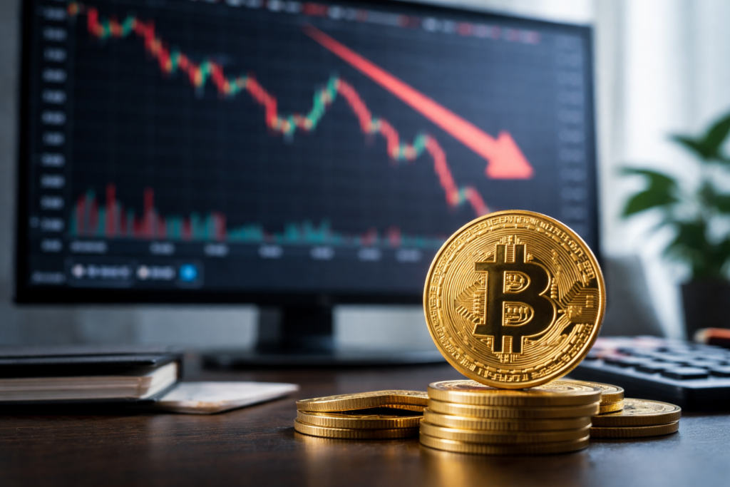 ₿ 비트코인, 요즘 왜 떨어질까 1 가격이 하락하는 차트가 표시된 모니터 앞에 놓인 비트코인 모형