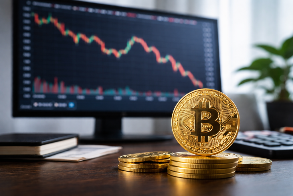 ₿ 비트코인은 무엇인가? 아주 쉽게 정리합니다 1 컴퓨터 화면에 비트코인 가격 차트가 표시되고 책상 위에 비트코인 모형이 놓여 있는 모습