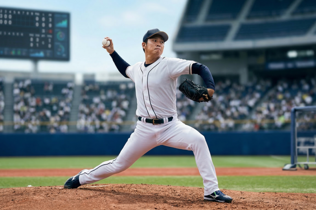 기본기 집착과 데이터 과학의 결합: 세계를 제패한 일본 프로야구(NPB)의 진화 1 투구 동작을 수행하는 야구 선수의 역동적인 모습이 담긴 고화질 실사 이미지