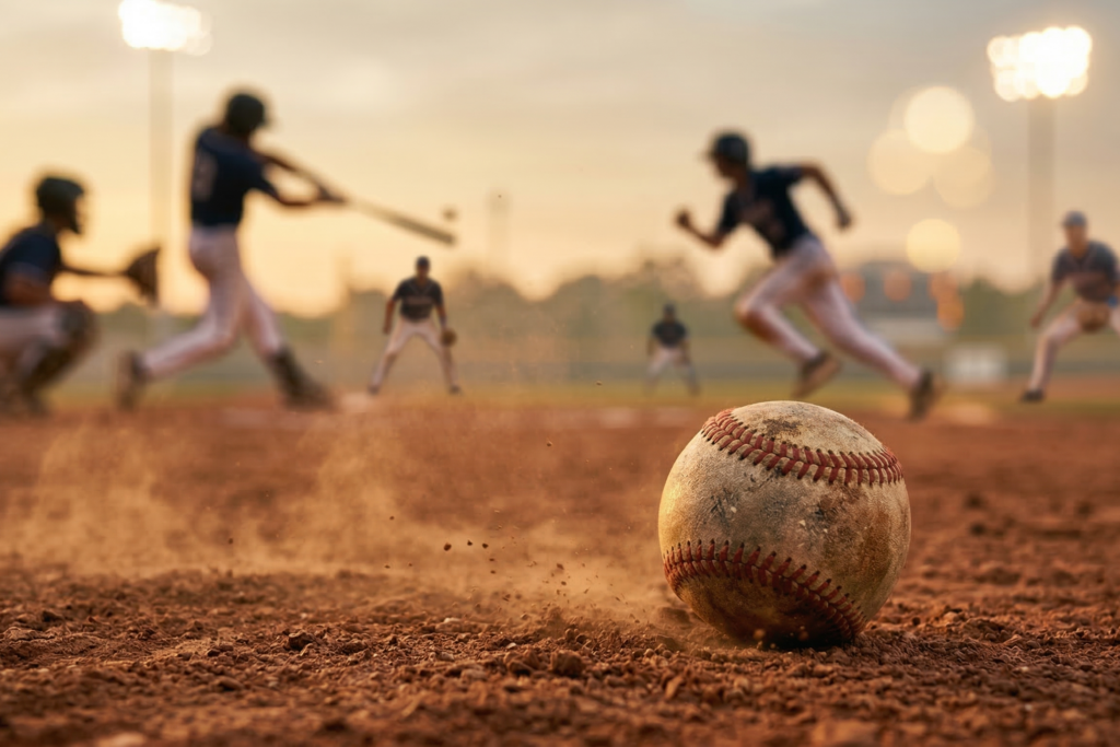 엘리트 체육 시스템의 명암: 한국 야구의 학원 스포츠 중심 육성이 프로 무대에 미치는 영향 1 먼지가 날리는 야구장 흙 위로 놓인 낡은 야구공과 그 너머로 흐릿하게 보이는 고교 야구 선수들의 경기 장면을 담은 실사 이미지