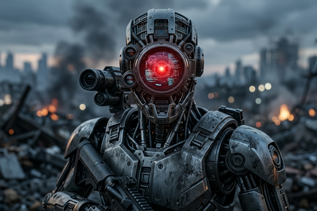 복잡한 회로가 드러난 차가운 금속 질감의 인공지능 로봇 병사가 전장의 잔해 속에서 정면을 응시하는 사실적인 모습