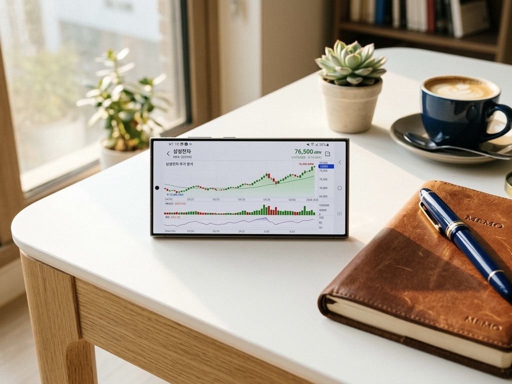 따스한 오후 햇살이 비치는 깔끔한 화이트 데스크 위에 놓인 스마트폰 화면 속에 삼성전자 주가 그래프가 띄워져 있고 그 옆에 신뢰감을 주는 푸른색 만년필과 가죽 수첩이 놓여 있는 세련된 실사 이미지

