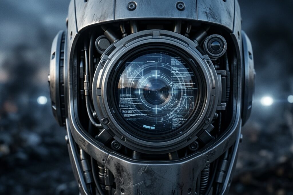 어두운 전장의 연기 속에서 정밀한 디지털 조준선이 표시된 인공지능 드론의 렌즈가 목표물을 포착하고 있는 차갑고 기계적인 느낌의 실사 사진
