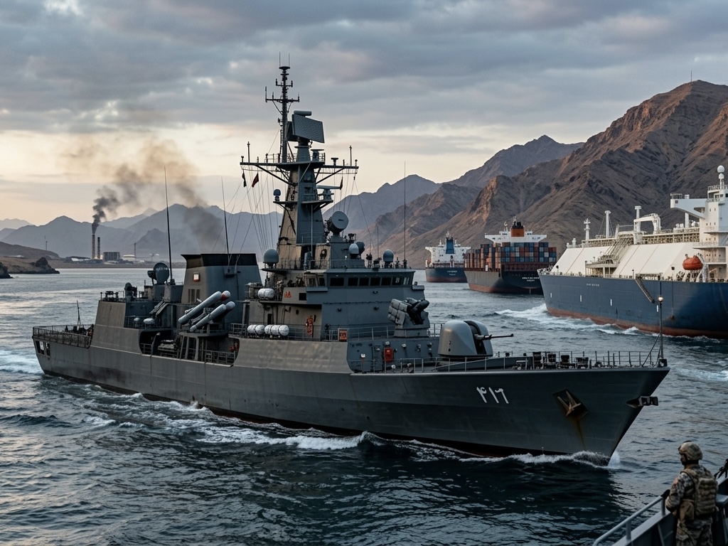 짙은 먹구름과 화염이 솟아오르는 좁은 해협을 배경으로 거대한 유조선과 해군 함정들이 대치하고 있는 긴장감 넘치는 바다 풍경의 사실적인 사진
