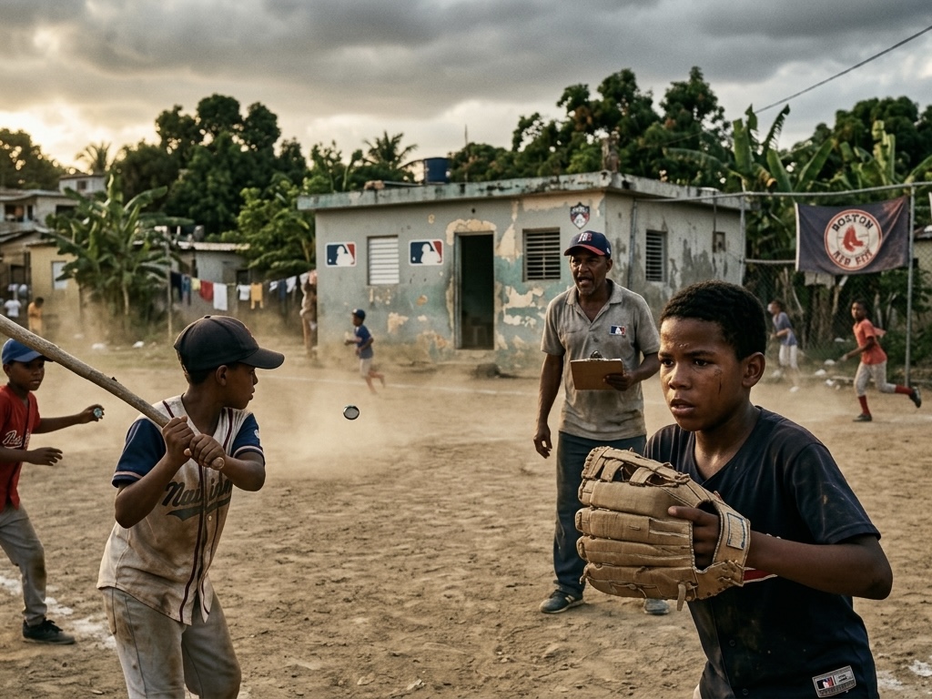 메이저리그의 끝없는 화수분: 도미니카 공화국은 어떻게 세계 최강의 야구 공장이 되었나? 1 흙먼지가 날리는 열악한 빈민가 공터 야구장에서 낡은 글러브와 테이프를 감은 야구공을 들고 진지하게 훈련에 임하고 있는 도미니카 소년들의 열정적인 사진