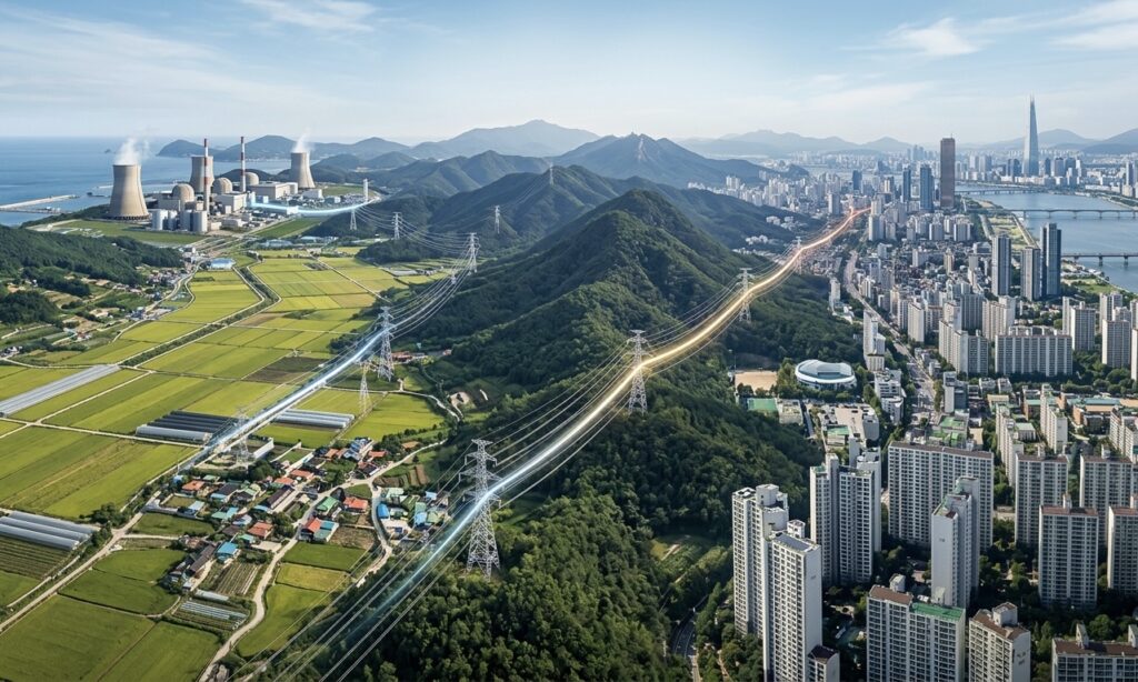 비수도권에서 수도권으로 전선을 통해 전기가 이동하는 모습을 보여주는 이미지