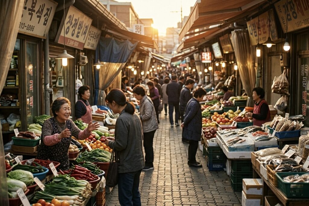 석양이 비치는 정겨운 전통시장의 골목길과 활기차게 손님을 맞이하는 상인들의 모습을 담은 따뜻하고 사실적인 실사 이미지