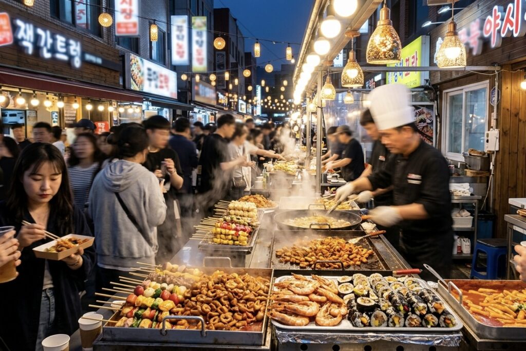 전국 유명 야시장 베스트 5와 지역별 대표 먹거리 추천 1 화려한 조명이 켜진 야시장 푸드트럭 거리와 김이 모락모락 나는 길거리 음식을 즐기는 사람들의 활기찬 실사 이미지