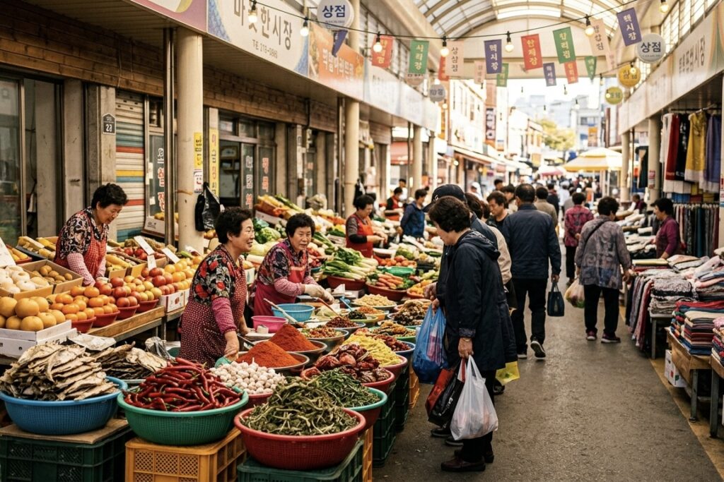 전국 유명 전통시장 5곳의 특징과 반드시 사야 할 쇼핑 리스트 1 따뜻한 햇살이 내리쬐는 활기찬 한국 전통시장 골목에 싱싱한 과일과 채소가 진열되어 있고 상인과 손님이 정겹게 대화하는 자연스러운 실사 이미지