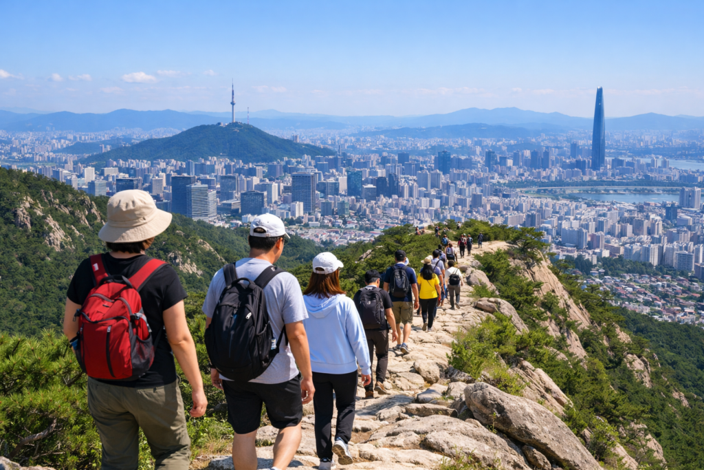 ⛰️ 도심형 하이킹이 주목받는 이유 1 서울 도심이 내려다보이는 산 능선 위를 사람들이 걷고 있는 주말 하이킹 풍경