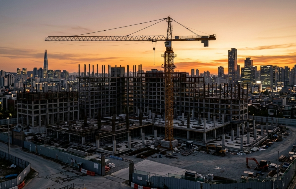 노을 지는 도심 속, 작업이 멈춰선 타워크레인과 뼈대만 남은 대규모 아파트 공사 현장의 고요한 적막감을 세련되게 담아낸 고품질 건축 실사 사진