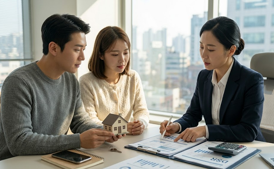 밝고 정돈된 금융 상담 창구에서 전문가가 서류를 바탕으로 대출 규제와 한도 계산법을 체계적으로 설명하고 있는 신뢰감 있는 실사 이미지