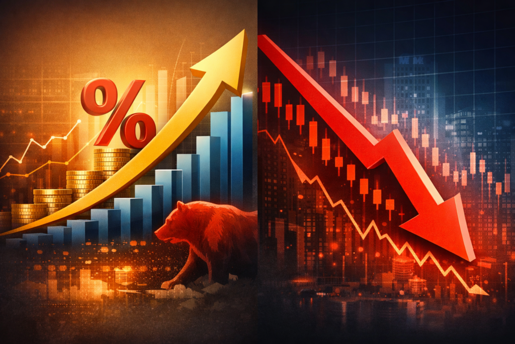 📉 금리가 오르면 왜 주식이 떨어질까? 1 상승하는 금리 그래프와 하락하는 주식 차트가 대비된 금융 개념 이미지