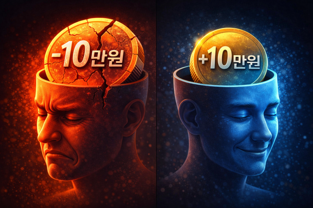 같은 10만 원이지만 손실은 크게 깨진 동전으로, 이익은 작고 온전한 동전으로 표현된 행동경제학 개념 이미지