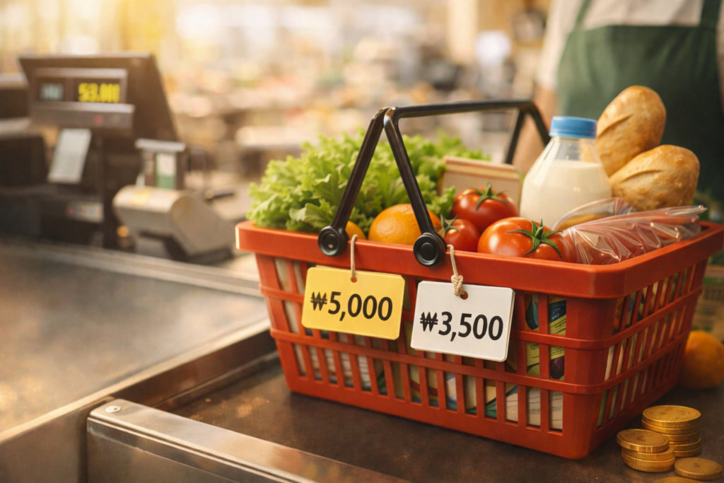 📈 물가는 왜 계속 오르는 걸까? 인플레이션의 기본 구조 1 마트 계산대 위에 놓인 장바구니와 붙어 있는 가격표를 통해 물가 상승을 암시하는 인플레이션 이미지