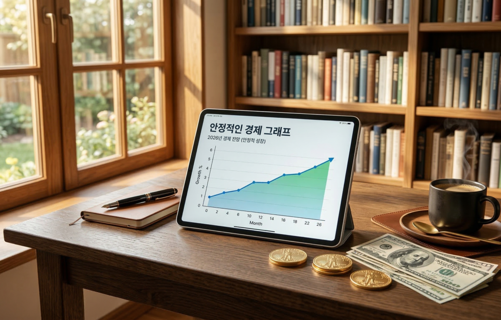 따뜻한 햇살이 비치는 현대적인 서재 책상 위에 안정적인 경제 그래프가 그려진 태블릿과 황금 동전, 달러 지폐가 커피 한 잔과 함께 놓여 있는 세련된 실사 이미지