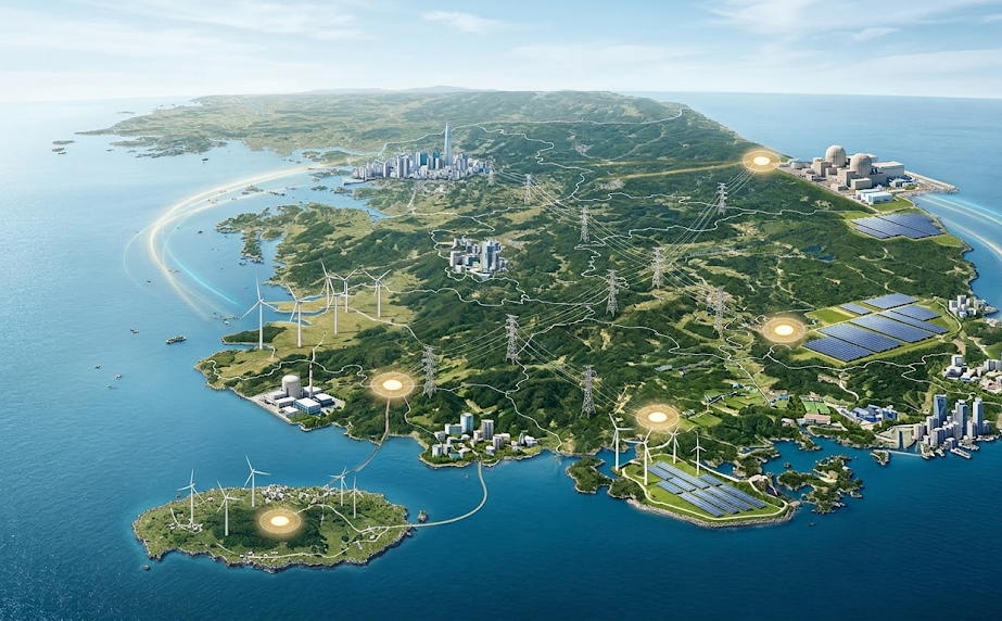 대한민국의 지도 위에 풍력과 태양열 같은 신재생 에너지와 원자력 발전 등 전력을 생산하는 시설들이 그려져 있는 이미지